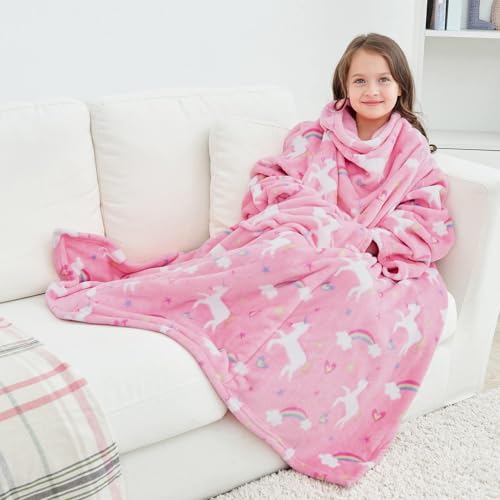 Softan Wearable Fleece Blanket with Sleeves & Foot Pocket for Kids Boys Girls Children,Lightweight Soft Blanket with Sleeves and Hook & Loop 48' x 48' Pink Unicorn