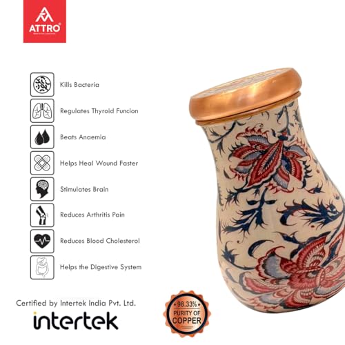 Image of ATTRO Kalash Copper Water Pot - Designer Water Storage & Serving, Ayurvedic Health Benefits, Supports Overall Health & Healthy Skin, 750ml Dutch Heritage