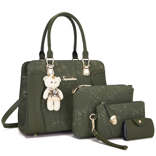 Image of Women's Fashion Handbag Tote Bag Shoulder Top Handle Satchel Purse Set 4pcs | Stylish Style,Chain Texture Design,Ample Space,Bear Doll Decoration,with a Crossbody Strap