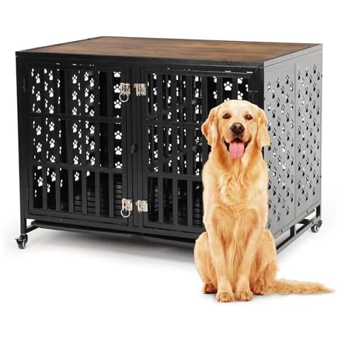 SMONTER Furniture Dog Crate with Divider Heavy Duty Wooden Dog Kennels, Decorative Modern Pet House with Removable Tray Indoor End Table for Two Medium Large Dog,44" Cover