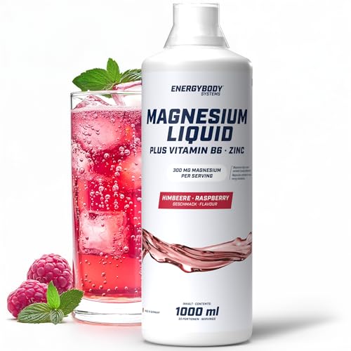 Energybody Magnesium Liquid Himbeere 1L / Magnesium Flüssig hochdosiert 300 mg/Flüssiges Magnesium mit Vitamin B6 & Zink für den Energiestoffwechsel