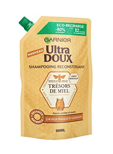 Garnier Ultra Soft Honigschätze, Eco-Nachfüllpack, regenerierendes Shampoo mit Akazienblütenhonig/Bienenwachs für sprödes/brüchiges Haar