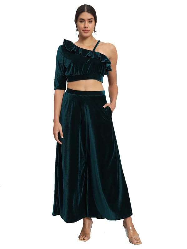 Image of Vaararo Velvet Co-Ords for Women | One Sleeve Crop Top with Palazzo Set Casual Party Dress