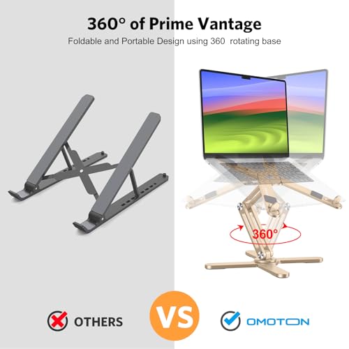 Image of OMOTON 360 Rotating Laptop Stand Riser for Desk, Ergonomic Foldable Computer Stand Adjustable Height Angles for Collaborative Work, Easy Storage Fit Macbooks,All Laptops up to 16 inches, Gold