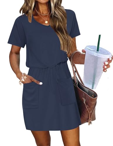 Image of AUSELILY Womens Summer Dresses 2026 Causal Short Sleeve V Neck Tie Front Mini Short Dress with Pockets