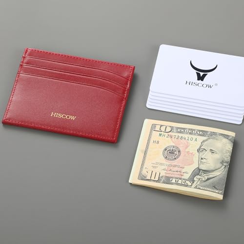 Image of HISCOW Slim Full Grain Leather Card Holder, Wine Red | Men's minimalist EDC wallet, front pocket carry, 6 credit card slots & center pocket, fits folded bills, premium gift box