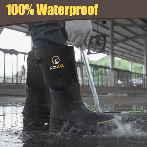 Kalkal Steel Toe Rubber Boots for Men - Waterproof Anti Slip Work Boots 6mm Neoprene Rain Boot Durable Hunting Boots with Steel Shank for Farming Gardening Construction Outdoor Work Size 5-144
