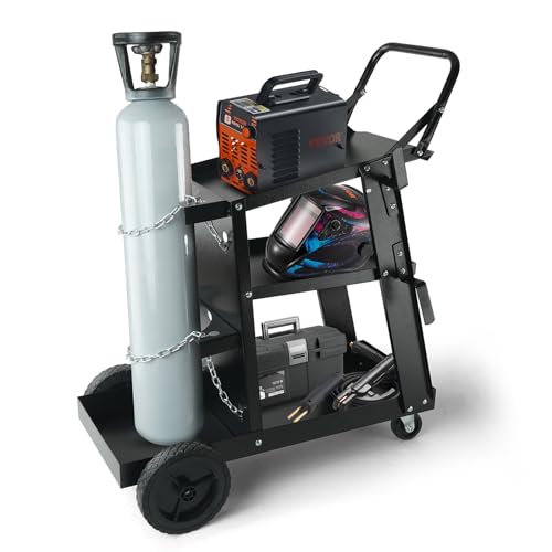 VEVOR Welding Cart, 3-Tier Welder Cart Heavy Duty with 400 Lbs Weight Capacity, 360° Swivel Wheels, Tank Storage Safety Chains, Rolling MIG Welder Cart for TIG, ARC, MMA, Plasma Cutter Welding Machine - Image 12