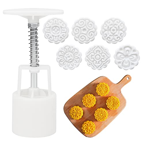 6 Piezas Presión Mano Mooncake Molde Pastel Luna En Forma Flor Mooncake Moldes Herramienta De Decoración Pasteles con 6 Sellos para Hornear Galletas DIY Cover
