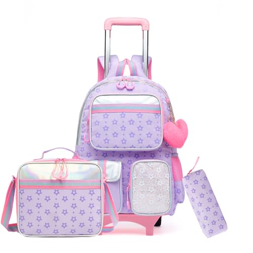 Rolling Backpack for Girls with Wheels Backpacks for Girls with Lunch Bag Pencil Case Backpack for School Kindergarten Elementary Kids Lightweight Travel Suitcase