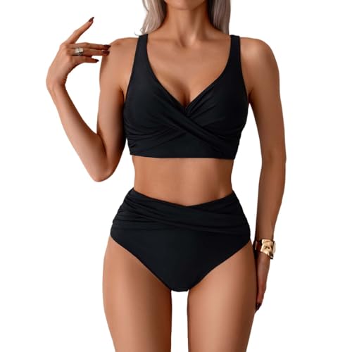 Amexo Bikini Mujer Conjunto Sexy Cintura Alta De 2 Piezas Push up Cuello en V Talle Alto Bañadore Traje de Baño Conjunto Bañador Control de Vientre de Cintura (FR/ES, Letras, L, Regular, Regular)