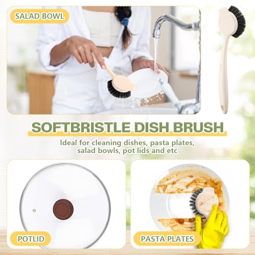 Image of 16 Pack Dish Brush with Handle Dish Scrubber Brush with Built-in Scraper Kitchen Scrub with Stiff Bristles Long Scrubber for Home Restaurant Pot Sink Washing Cleaning Supplies, Beige