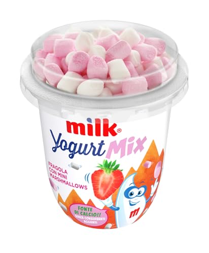 Milk Yogurt alla Frutta per Bambini + 3 Anni Gusto Fragola e Marshmallow, con Mini Marshmallow nel Tappo, Senza Conservanti, Fonte di Calcio (Fragola e Marshmallow 110g)