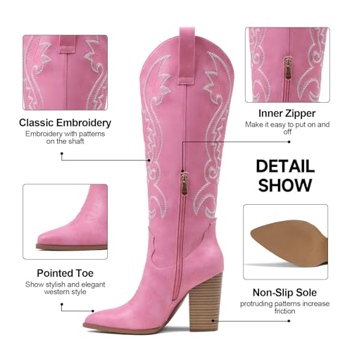 Image of VOMIRA Knee High Cowboy Boots for Women Pointed Toe Chunky High Heels Pull-on Embroidered Boots Western Boots Wide Calf Cowgirl Boots
