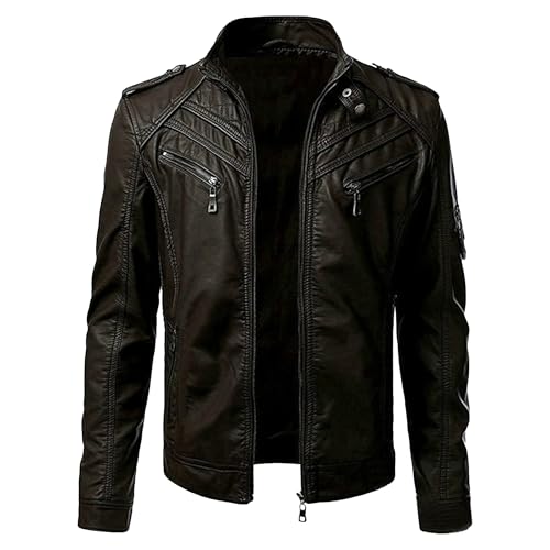 Veste bomber coupe régulière similicuir homme manteau moto léger fermeture éclair café XL