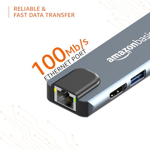 Image of Amazon Basics 5-in-1 Hub Multiport Adapter, USB Type-C, USB 3.0 Port, USB 2.0 Port, 4K@60hz HDMI, 100W PD Fast Charging, 100Mbps Ethernet for MacBook, DELL, HP, Lenovo & Other Type C Devices