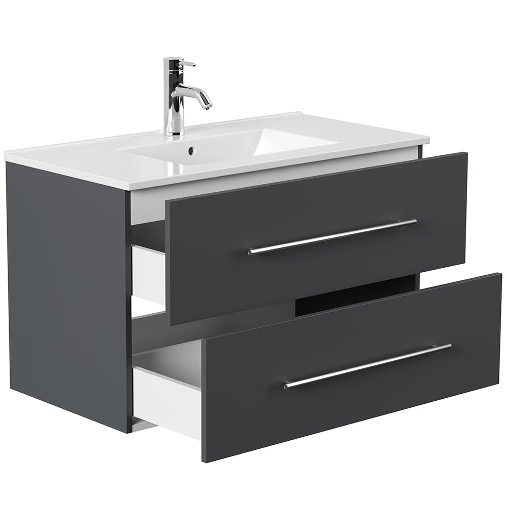 Lomadox Badmöbel Set 2-teilig, Waschtisch 90cm breit mit Waschbecken, in grau inkl. Spiegelschrank