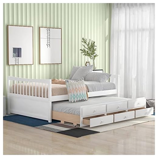 Rhomtree Storage Full Size Bed with Twin Trundle and Drawers Wood Daybed Captain’s Bed Bedroom Furniture for Kids Teens Guests (Full White)