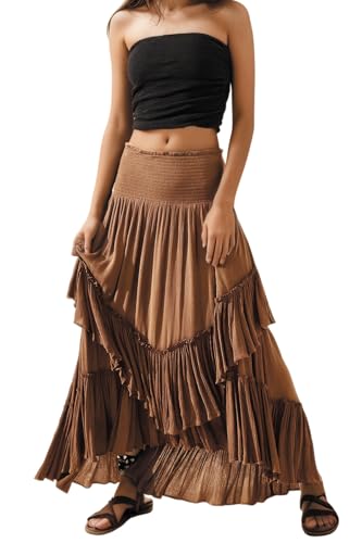 Women 2025 Summer Casual Elastic Waist Dress Backless Strapless Tiered Ruffle A Line Flowy Swing Beach Dress