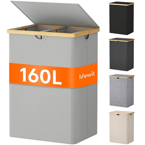 Lifewit 160L Bambus Wäschekorb mit Deckel, Faltbar Wäschesammler 2 Fächer Wäschesortierer mit Abnehmbarem Wäschesack Bambus Griffen Wäschebox Laundry Baskets für Waschküche, Schlafzimmer, Silbergrau