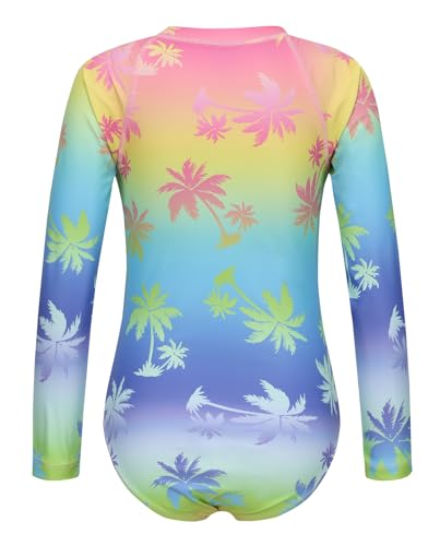 Image of Girls Long Sleeve Rash Guard One Piece Swimsuit Kids UPF 50+ Sun Protection Swimwear Rainbow Striped Bathing Suit 3-14 Years