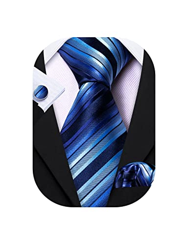 Barry.Wang Tie Sets for Men Silk Stripe Necktie Woven Checkered Handkerchief Cufflinks Formal Business Wedding, Blue, One size
