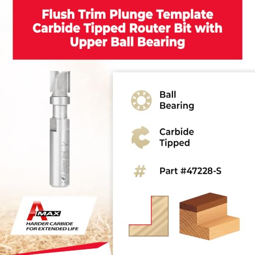 Image of Amana Tool 47228-S Carbide Tipped Flush Trim Plunge Template 1 /2 D x 1 /2 Inch CH x 1 /2 SHK w /Upper Ball Bearing Router Bit