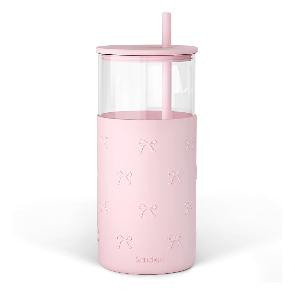 Photo 1 of SANDJEST Glass Tumbler with Straw and Lid, Bow Glass Water Bottle with Silicone Sleeve 20oz, Smoothie, Iced Coffee Cup, Gifts for Women Teen Girls Birthday Christmas