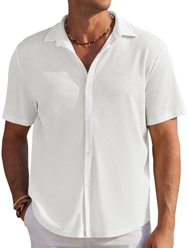 COOFANDY Men’s Casual Shirts Short Sleeve Waffle Knit Button Down Shirt Wrinkle Free Summer Beach Tops