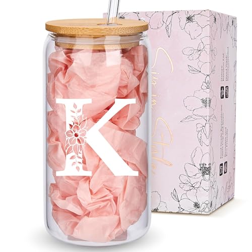Personalized Gifts for Women, Monogrammed Glass Cups with Lids and Straws, Custom Tumbler,...