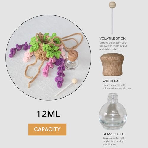 Image of ROFIGL Handmade Crochet Hanging Car Air Freshener - Botanical Wisteria Blossom Design with 12ml Refillable Glass Essential Oil Bottle, Long-Lasting Car Diffuser & Nature-Inspired Decor