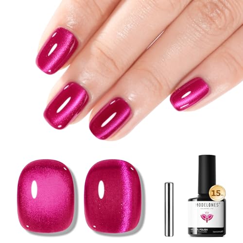 Image of modelones Hot Pink Cat Eye Gel Nail Polish Pink Glitter Holographic Pink Cat Eye Neon Shimmer Reflective Translucent U v Gel Magnetic Nail Polish 15ML