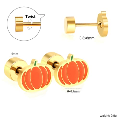 20G Pumpkin Enamel Halloween Flat Screw Back Small Stud Earrings for Women Men Minimalist Surgical Steel Gold Plated Tiny Mini Cartilage Tragus Piercing Sleeper Studs Hypoallergenic Party Birthday Gift Her Daughter2