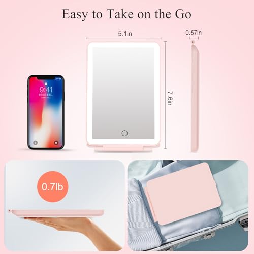 Image of FUNTOUCH Rechargeable Travel Makeup Mirror with 72 Led Lights, Portable Lighted Makeup Mirror, 3 Color Lighting, Dimmable Touch Screen, Type C, Tabletop LED Folding Cosmetic Vanity Mirror (Pink)