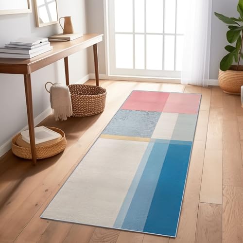 Hallway Runner Rug for Entryway Kitchen Or Laundry Area – 2 X 6 Ft Long Narrow Washable Runner Rug for Indoor Floor Protection – Light Blue Modern Minimalist Blocky Color Palette Pattern Carpet