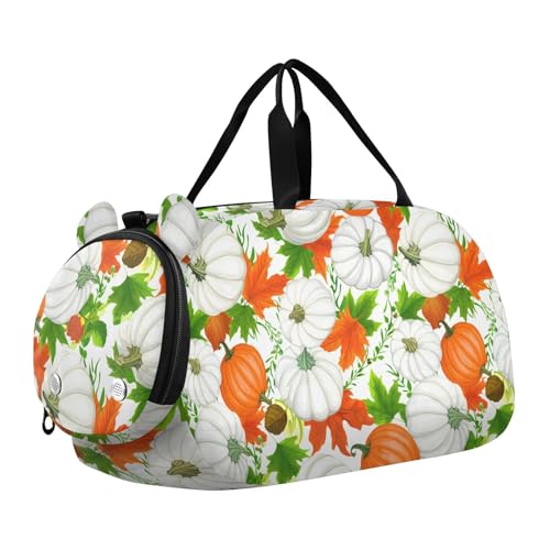 Pumpkin White Kids Travel Duffel Bag for Boys Girls Overnight Weekend Tote Bag with Shoes Compartment for Dance Gym Sports