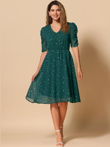 Image of Allegra K Chiffon Dress for Women's Metallic Stars Ruched Sleeve V Neck A-line Dress