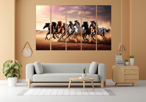 Image of KYARA ARTS 7 Horses Wall Painting for Living Room Big Size (30inchx48inch) 7 Running Horses Painting Vastu for Bedroom, Office, Hotel - Wall Decor Wooden Framed-Digital Painting