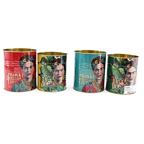 Frida Kahlo Tins by Temerity Jones | Set of 2 Decorative Storage Tins | Red & Yellow Retro Design