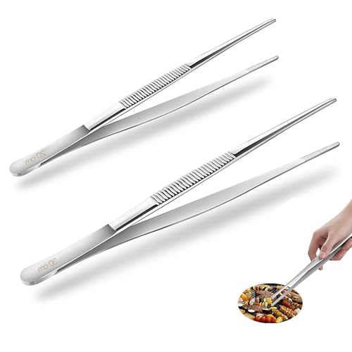 2 PCS Chef Tweezers (20CM/7.9in and 30CM/11.8in), Kitchen Tweezers for Cooking with Serrated Tips, Stainless Steel Tweezer Precision Tongs, Cooking Tweezers for Baking,Plating and Barbecue salad tongs