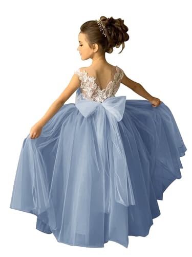 Bow Knot Tulle Flower Girls Dress for Wedding Lace Applique Dusty Blue Sleeveless Ball Gowns Satin Crew Neck Full-Length Kids Luxury Pageant Puffy Dresses