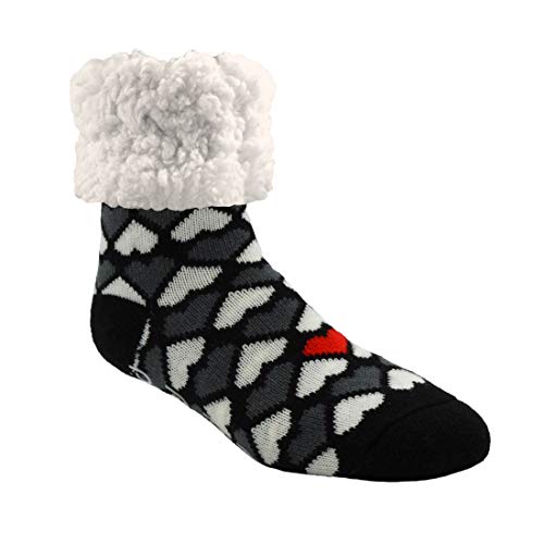 Pudus Heart Black Cozy Winter Slipper Socks for Women and Men with Non-Slip Grippers and Faux Fur Sherpa Fleece - Adult Regular Fuzzy Socks