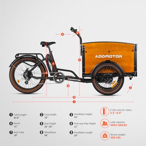 ADDMOTOR E-325 Electric Bike for Adults, 750W Electric Cargo Bicycle with 48V 20Ah UL Battery, Fat Tires Cargo Trailer Electric Tricycle with Rain Cover, E-Bike