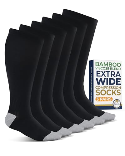 Pembrook 3 Pairs Plus Size Compression Socks Wide Calf - Bamboo Viscose Compression Socks Men, Knee High, Black