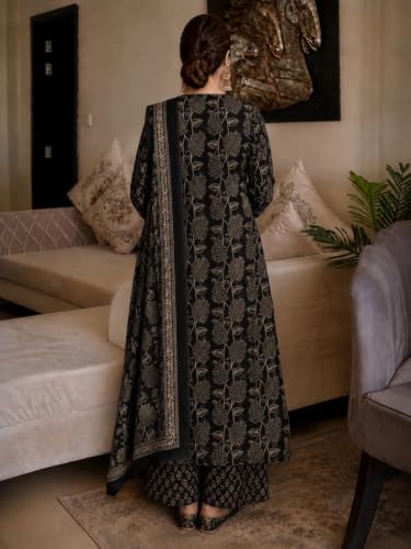 Image of GoSriKi Kurta Sets for Women Viscose Blend Printed | Kurti Set for Woman | Kurta Palazzo Dupatta Set | A Line Kurti | Mandarin Collar 3 /4 Sleeve Suit Set for Women Stylish Ethnic Outfit