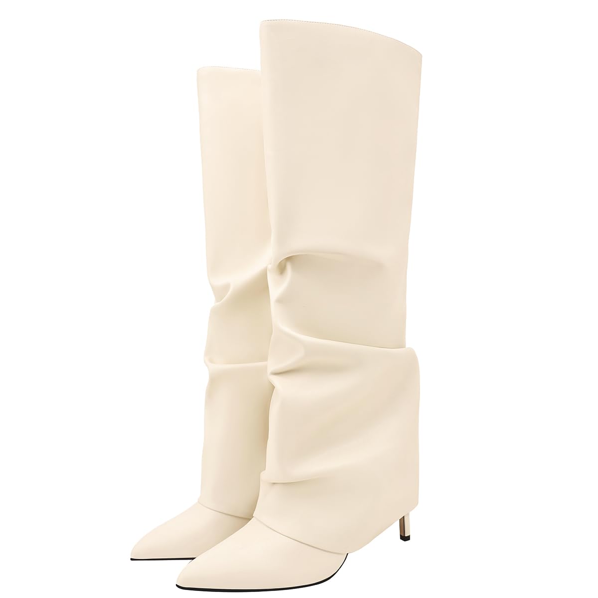 MOTIMODEN Women's Knee High Boots Fold Over High Heel Pointed Toe Black White Long Boots Women Dress Tall Boots for Women: 9.5 White