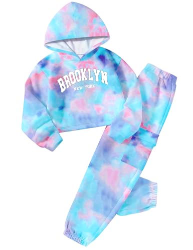 CRISONE Girls Clothes Tie Dye Brooklyn Print Tops Hoodies Sweatshirt Sweatpants with Pockets 2PCS Girl Outfits