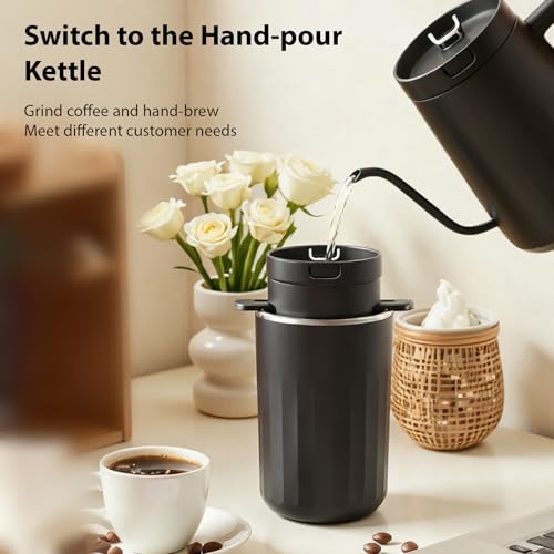 Image of Electric Coffee Machine Grinder and Pour Over Coffee Maker Portable Rechargeable Stainless Steel Cup 7 Grind Settings for Travel Camping Office Home (Black)
