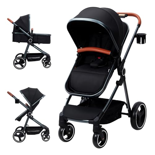 Image of Convertible Baby Stroller, 3 in 1 Reversible Bassinet Stroller for Newborn, Toddler, High Landscape Foldable Pram with Adjustable Backrest and Canopy, Windproof Foot Cover, 5-Point Harness, Black