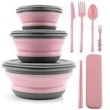 YAOBVIS Collapsible Bowl, 3 Pcs Food Grade Silicone Camping Bowl, Expandable Salad Bowl Lunch Box with Lid & Tableware for Travel and Picnic (Pink)